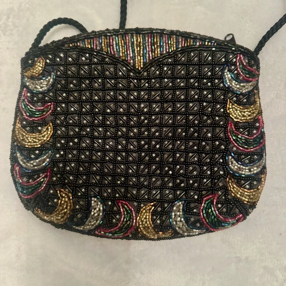 Vintage Beaded Evening Bag Black Multicolor Crescent Lattice Purse Made in Macau